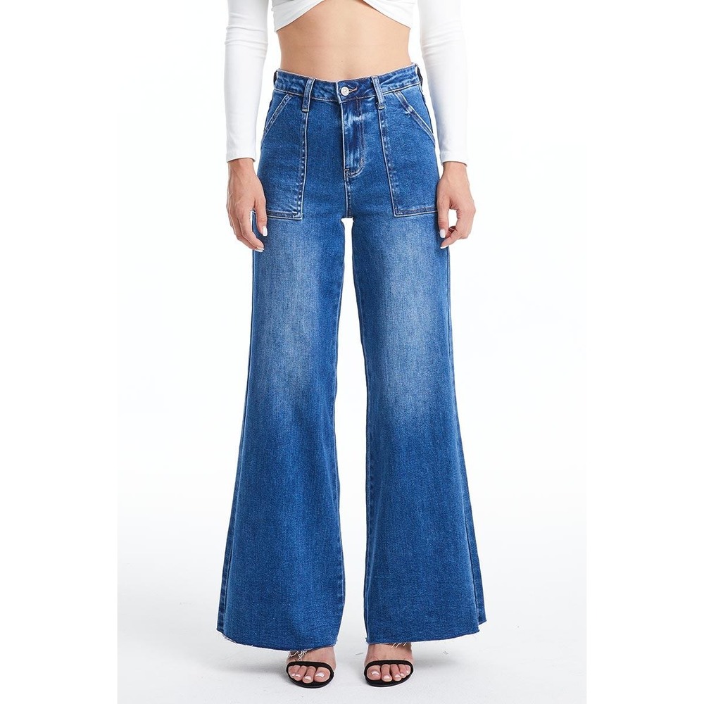 Bayeas Los Angeles Utility Patch Pocket Wide Leg Raw Hem Jeans Blue- 27